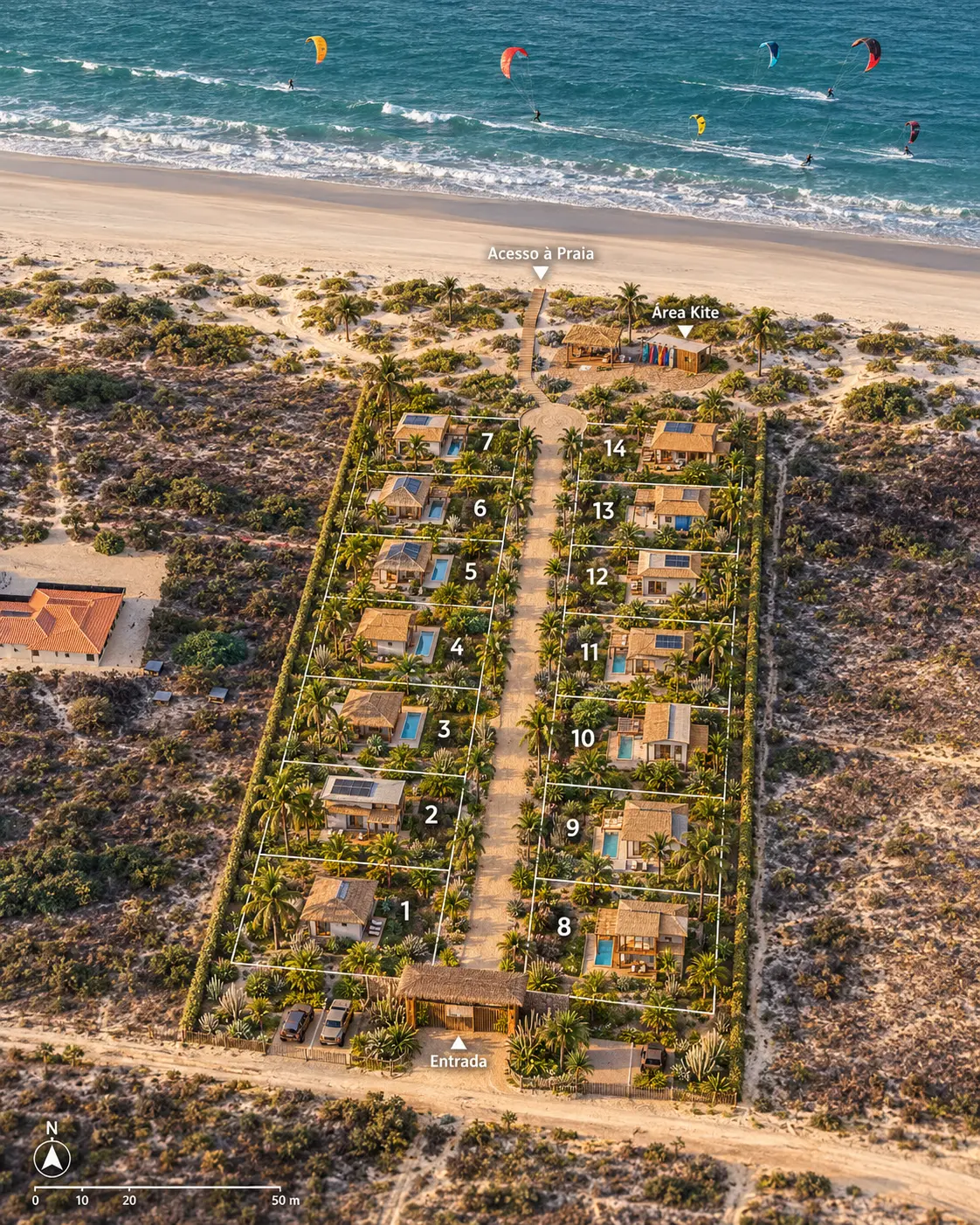 Simulação ilustrativa de casas nos 14 lotes, sem projeto aprovado