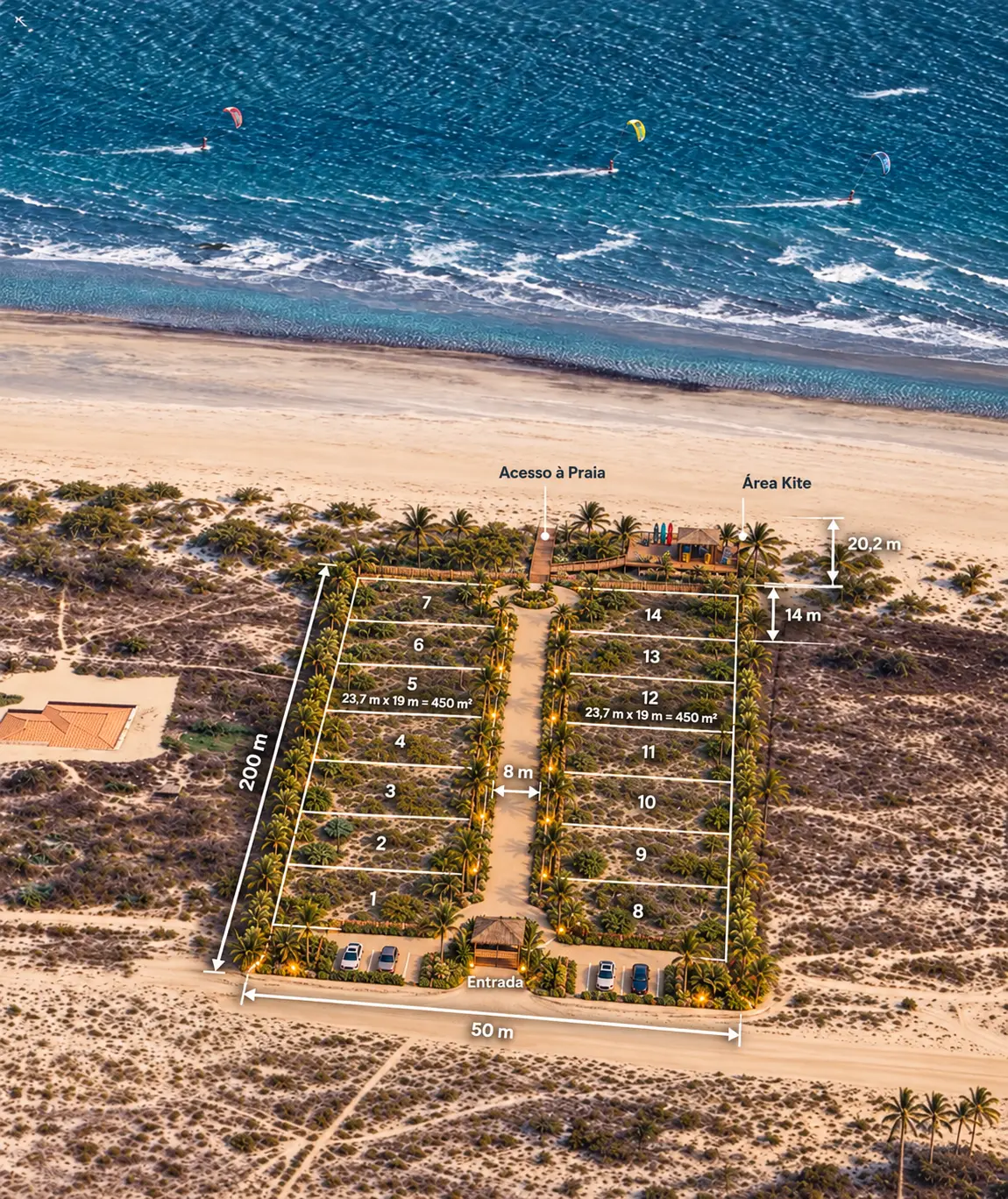 Vista aérea conceitual com 14 lotes numerados, 50 m × 200 m, rua de 8 m e frente-mar de 20,2 m